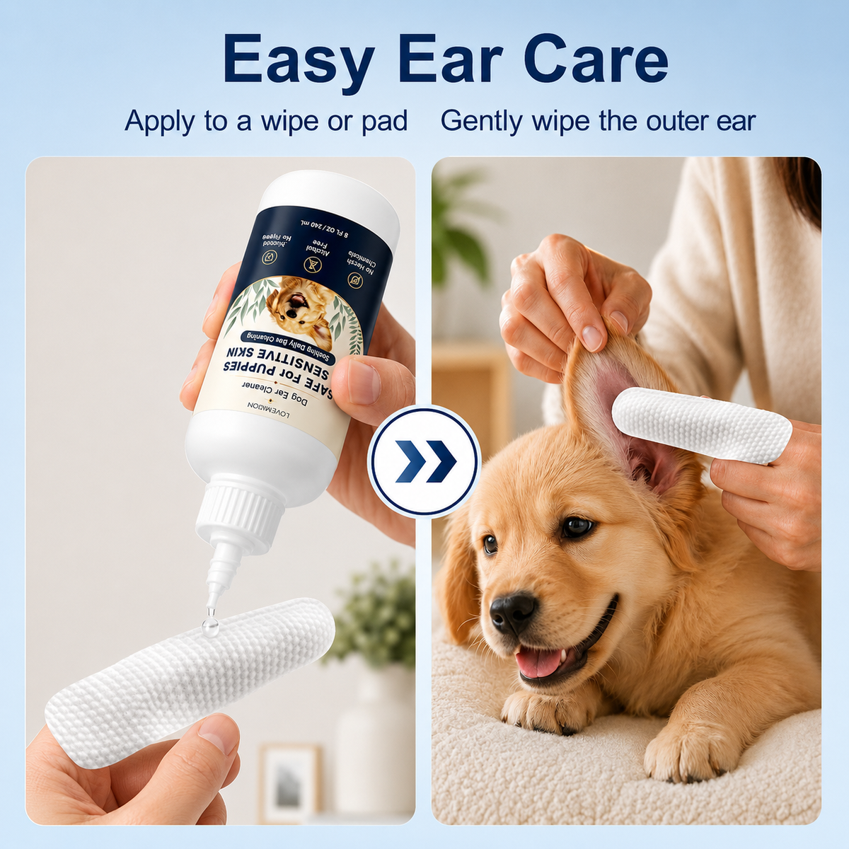 2 x 8 Fl Oz Dog Ear Cleaner Wax Removal,Safe for Puppy Sensitive Skin Gentle Daily Ear Care, Wash Clean Solution for Routine Maintenance with 50 Finger Wipes