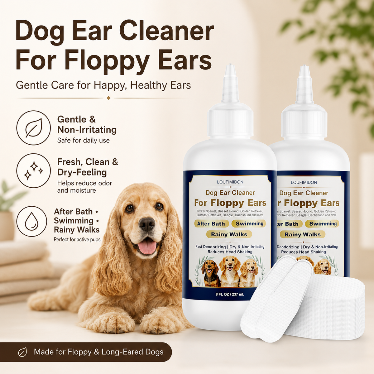 Dog Ear Cleaner Solution with Finger Wipes 8 oz Each 2 Bottles,Dog Ear Wipes For Floppy Ears, Fast Deodorizing Dog Ear Wash After Bath & Swimming Rainy Walk, Unscented Dog Wipes