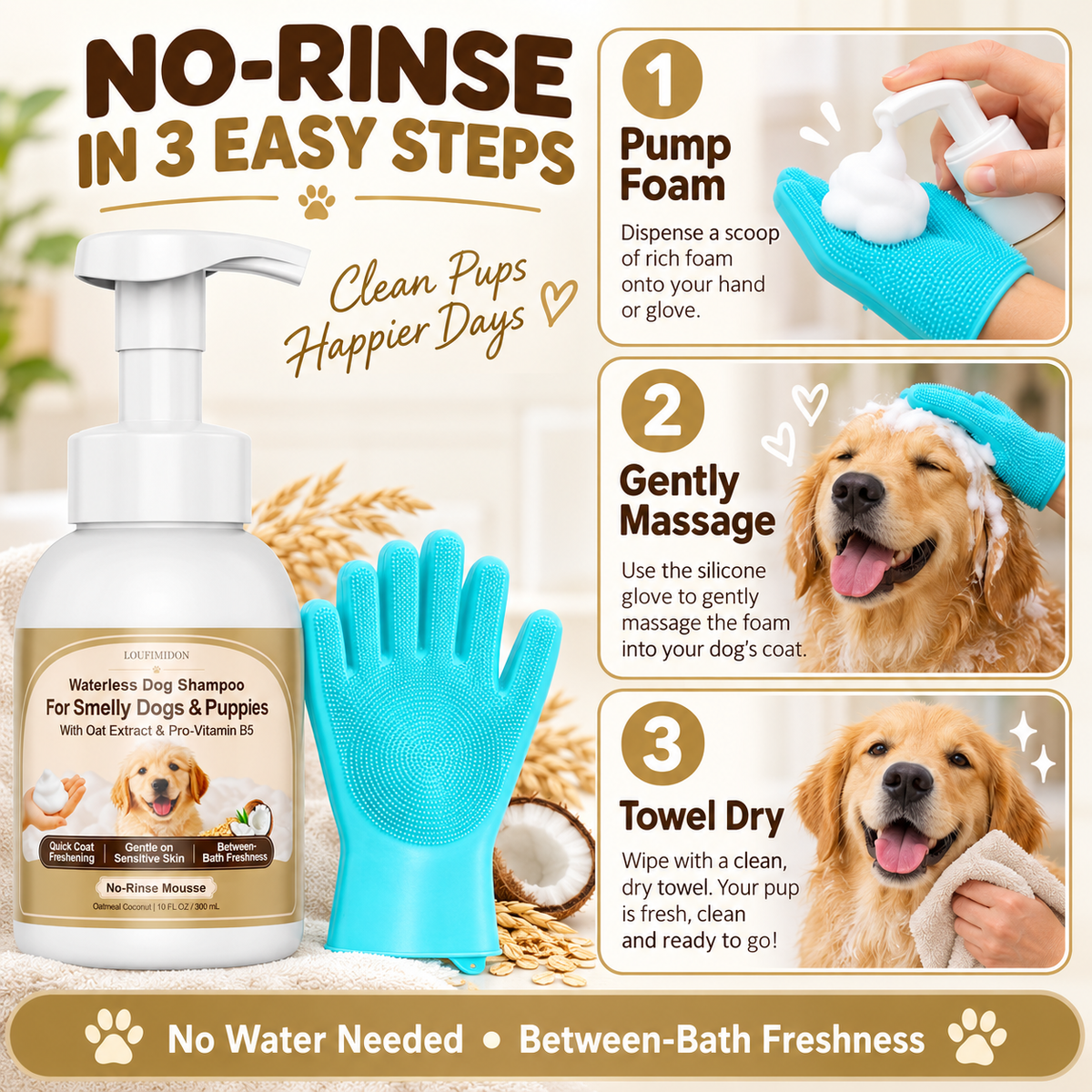 Waterless Dog Shampoo 10 FL OZ, 2-Pack with Gloves, Oatmeal Coconut Scent,Gentle on Sensitive Skin, Clean Between Bath, Quick Coat Freshening, Puppy Dry Shampoo for Smelly dog, Quick Deodorize