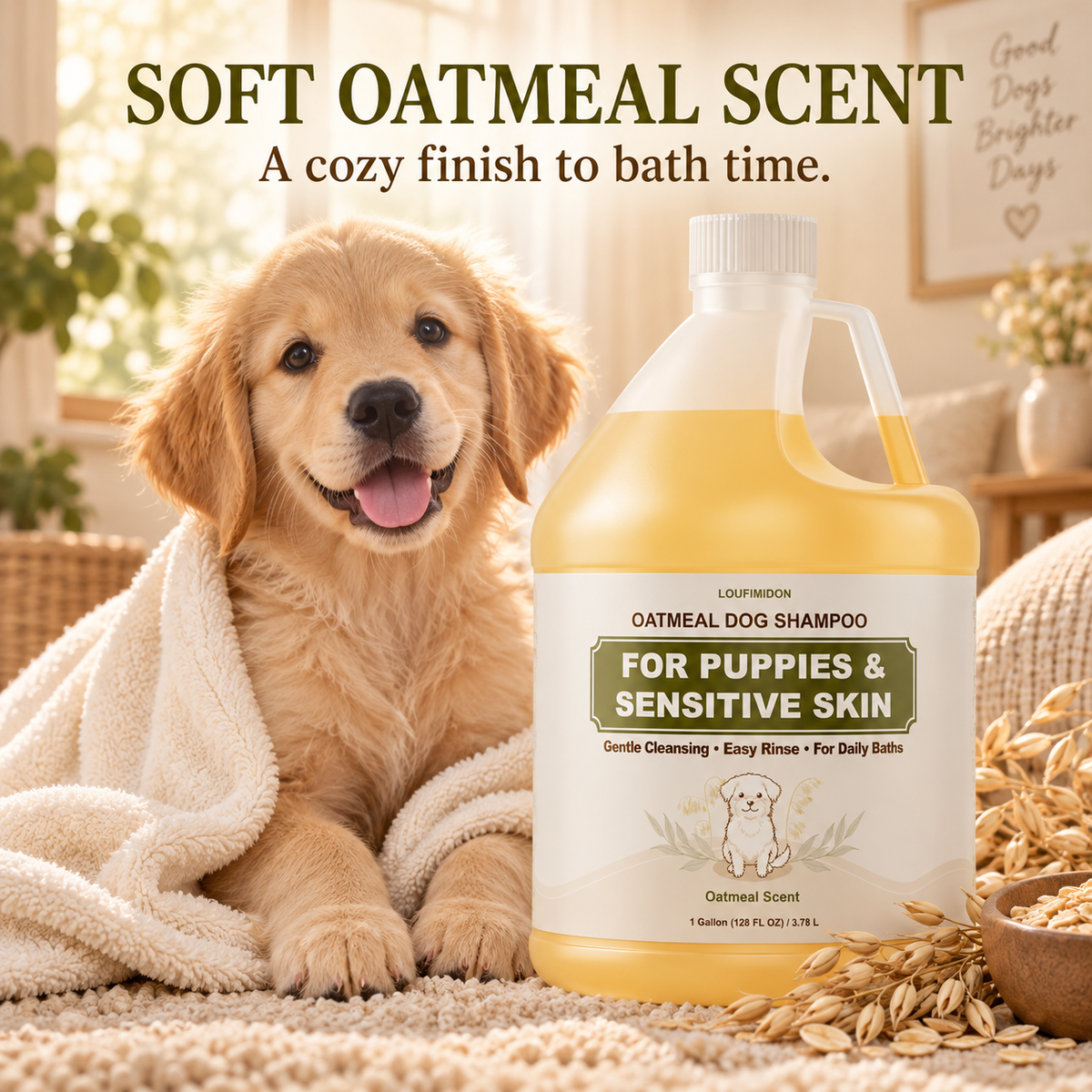 Oatmeal Shampoo for Dogs & Puppies with Sensitive Skin, 1 Gallon,asy Rinsing, Light Oatmeal Scent, Soft, Manageable Coat, with Jojoba Oil & Chamomile