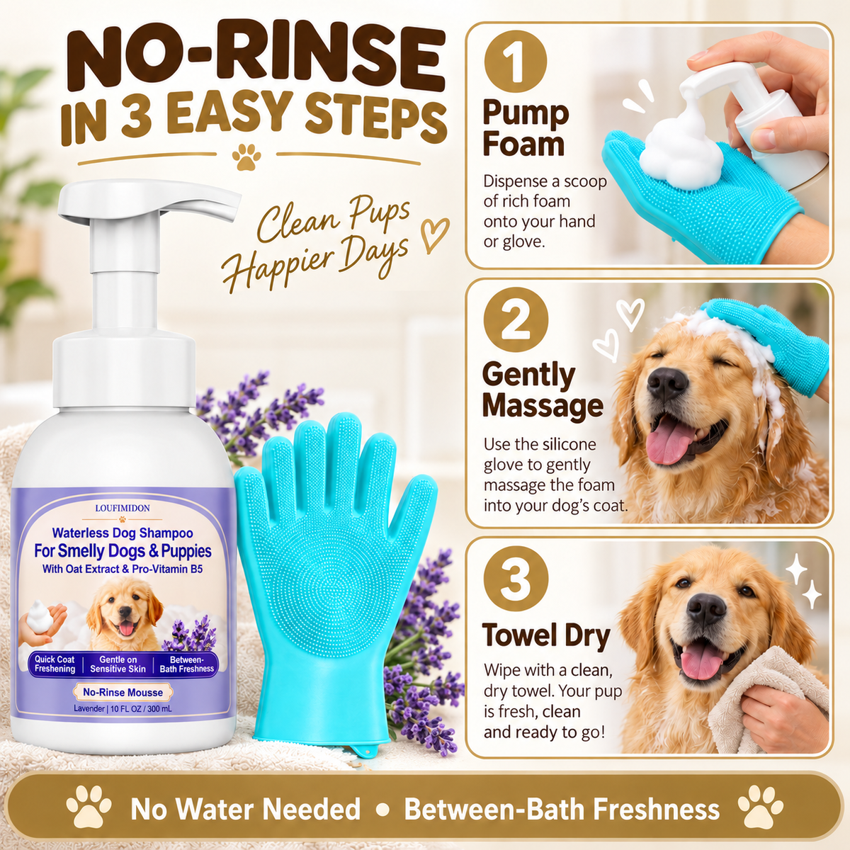 Waterless Dog Shampoo 2 x 10 FL OZ, Lavender No-Rinse Mousse with Gloves,Gentle on Sensitive Skin, Clean Between Bath, Quick Coat Freshening, Puppy Dry Shampoo for Smelly dog, Quick Deodorize