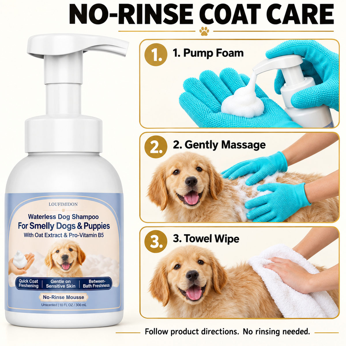 Waterless Dog Shampoo for Smelly Dog, Unscented with Gloves 2 x 10 FL OZ,Gentle on Sensitive Skin, Clean Between Bath, Quick Coat Freshening, Puppy Dry Shampoo for Smelly dog, Quick Deodorize