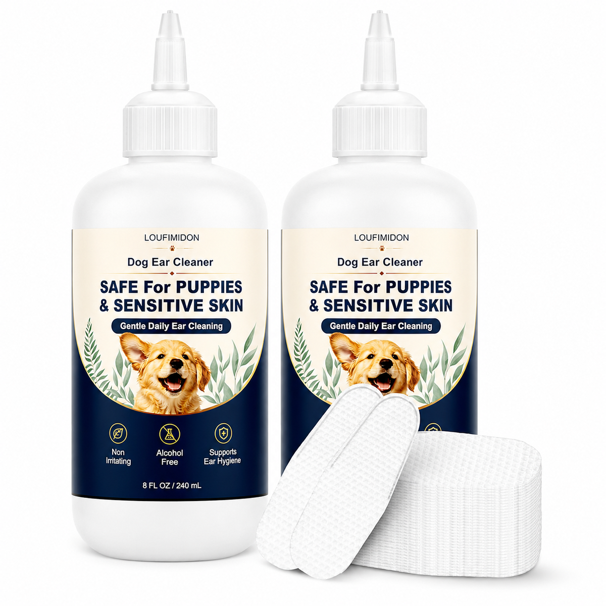 2 x 8 Fl Oz Dog Ear Cleaner Wax Removal,Safe for Puppy Sensitive Skin Gentle Daily Ear Care, Wash Clean Solution for Routine Maintenance with 50 Finger Wipes