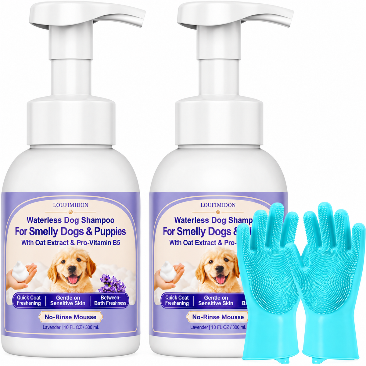 Waterless Dog Shampoo 2 x 10 FL OZ, Lavender No-Rinse Mousse with Gloves,Gentle on Sensitive Skin, Clean Between Bath, Quick Coat Freshening, Puppy Dry Shampoo for Smelly dog, Quick Deodorize
