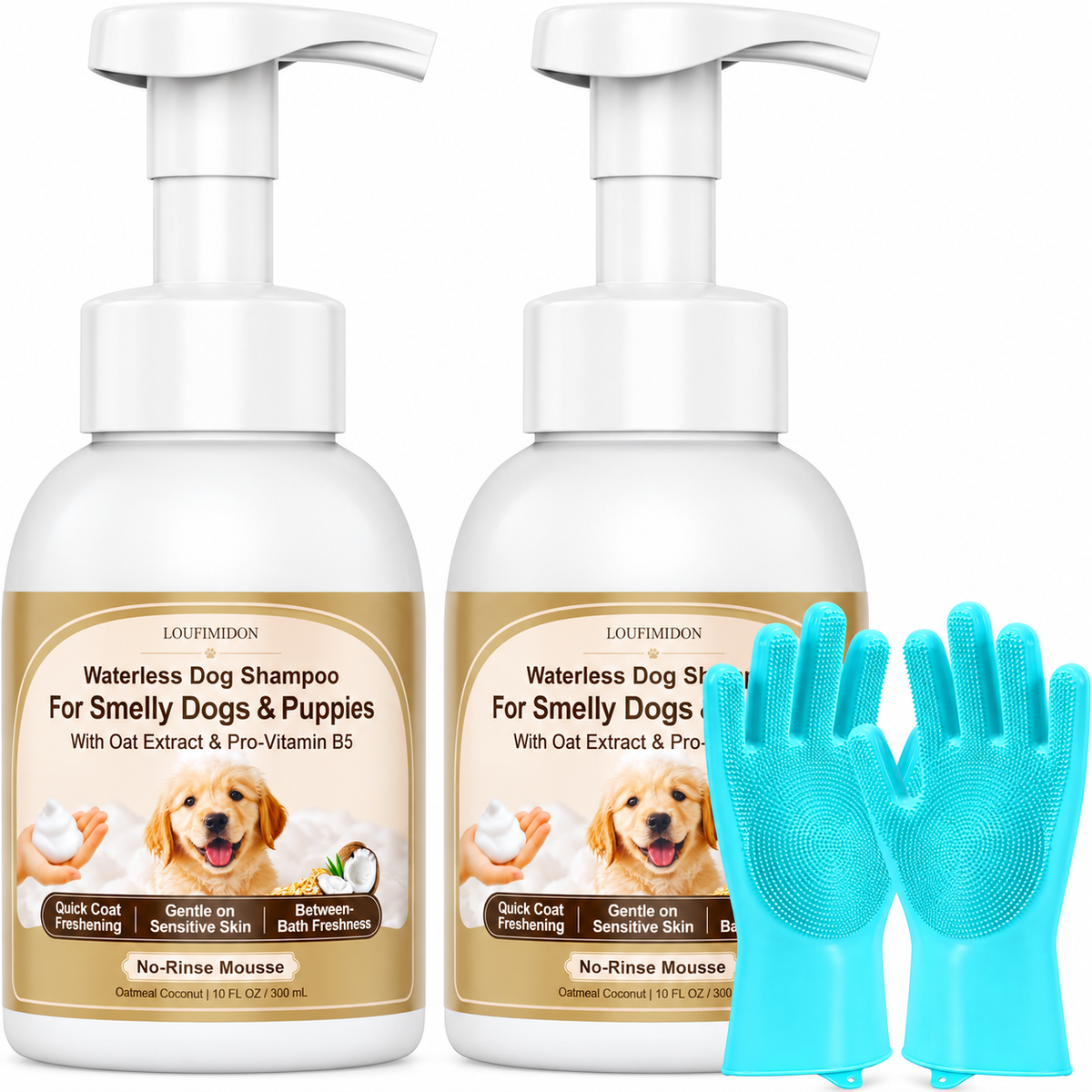 Waterless Dog Shampoo 10 FL OZ, 2-Pack with Gloves, Oatmeal Coconut Scent,Gentle on Sensitive Skin, Clean Between Bath, Quick Coat Freshening, Puppy Dry Shampoo for Smelly dog, Quick Deodorize