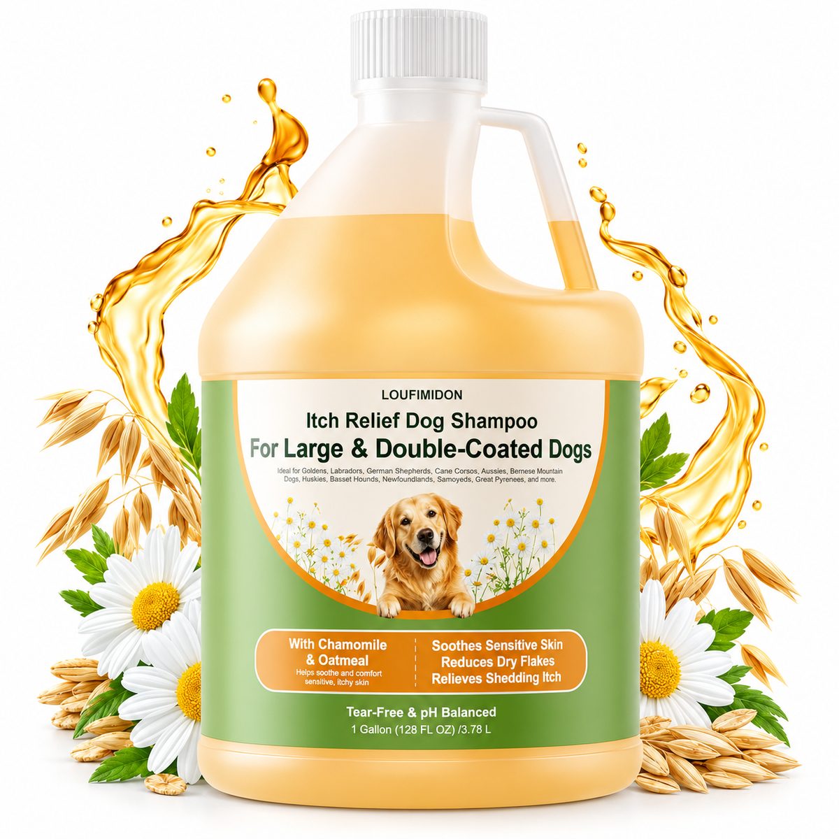 Oatmeal Dog Shampoo for Itchy Skin Relief, 1 Gallon (128 FL OZ)for Sensitive Skin, Dry Flaky Skin & Shedding-Season Itch, for Large & Double-Coated Dogs, Dog Wash with Chamomile & Oatmeal