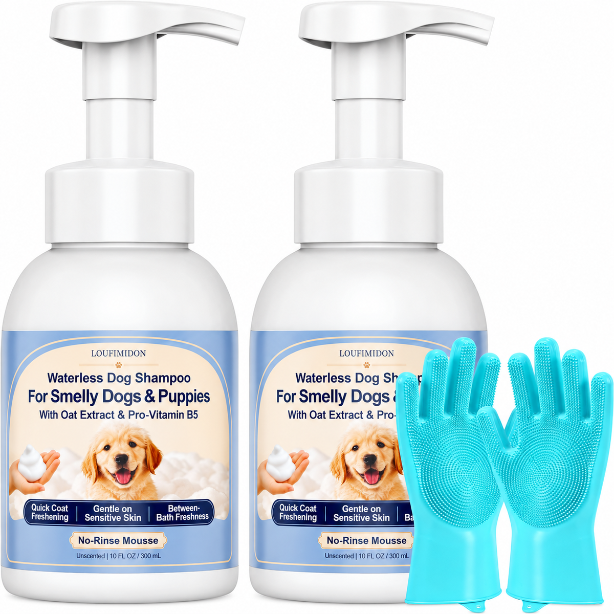 Waterless Dog Shampoo for Smelly Dog, Unscented with Gloves 2 x 10 FL OZ,Gentle on Sensitive Skin, Clean Between Bath, Quick Coat Freshening, Puppy Dry Shampoo for Smelly dog, Quick Deodorize