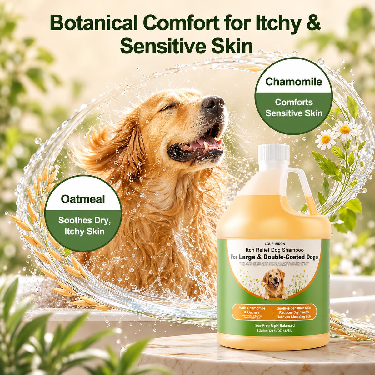 Oatmeal Dog Shampoo for Itchy Skin Relief, 1 Gallon (128 FL OZ)for Sensitive Skin, Dry Flaky Skin & Shedding-Season Itch, for Large & Double-Coated Dogs, Dog Wash with Chamomile & Oatmeal