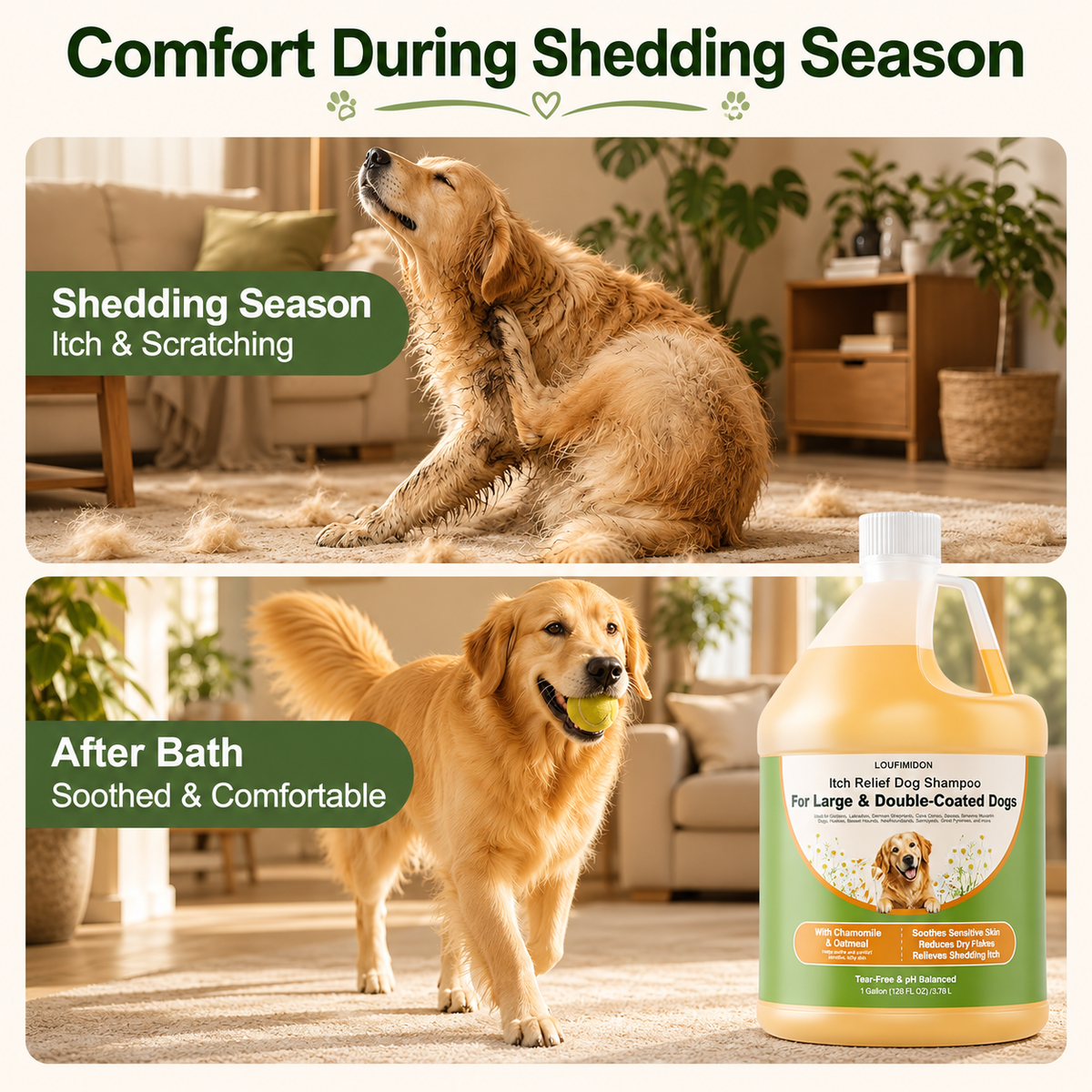 Oatmeal Dog Shampoo for Itchy Skin Relief, 1 Gallon (128 FL OZ)for Sensitive Skin, Dry Flaky Skin & Shedding-Season Itch, for Large & Double-Coated Dogs, Dog Wash with Chamomile & Oatmeal