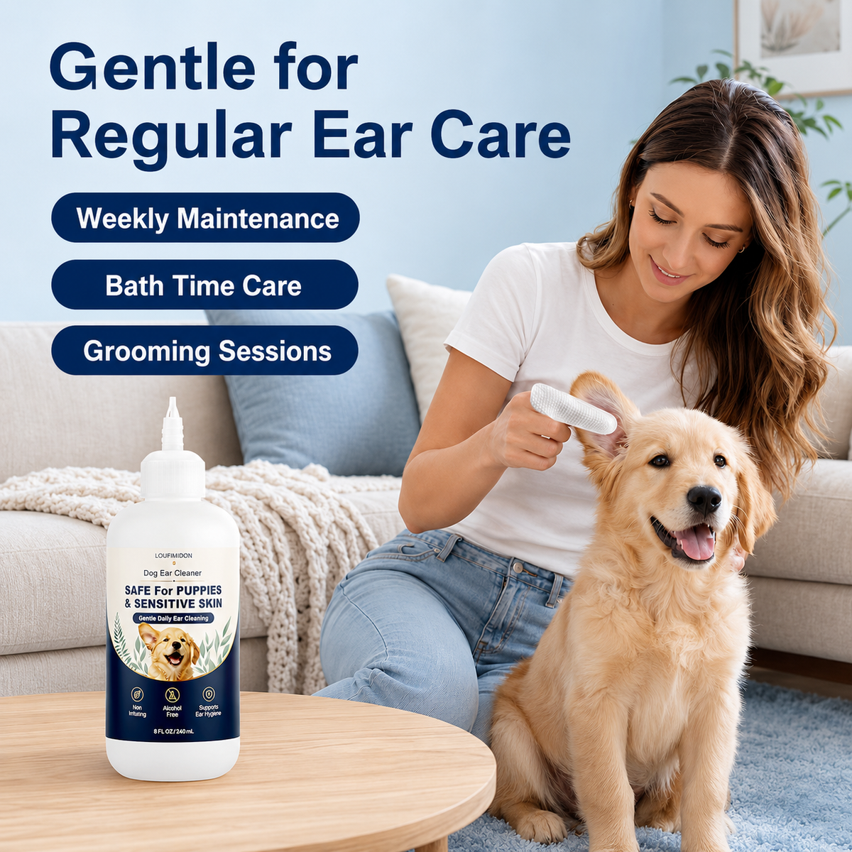 2 x 8 Fl Oz Dog Ear Cleaner Wax Removal,Safe for Puppy Sensitive Skin Gentle Daily Ear Care, Wash Clean Solution for Routine Maintenance with 50 Finger Wipes