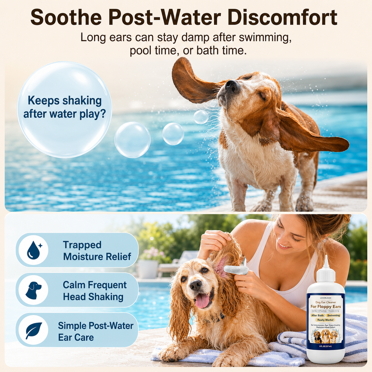 Dog Ear Cleaner Solution with Finger Wipes 8 oz Each 2 Bottles,Dog Ear Wipes For Floppy Ears, Fast Deodorizing Dog Ear Wash After Bath & Swimming Rainy Walk, Unscented Dog Wipes