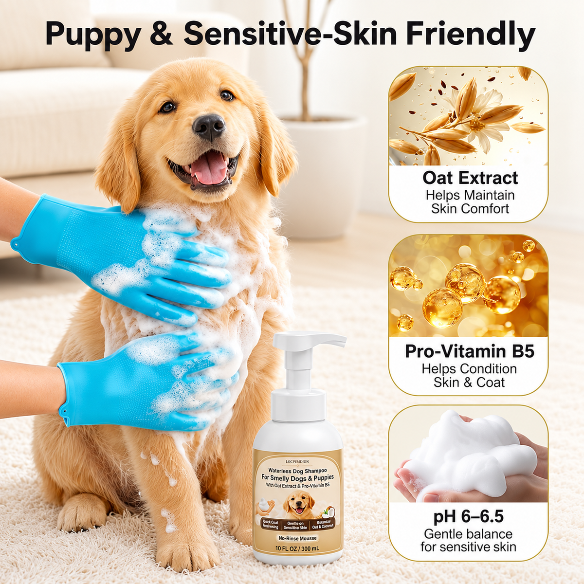 Waterless Dog Shampoo 10 FL OZ, 2-Pack with Gloves, Oatmeal Coconut Scent,Gentle on Sensitive Skin, Clean Between Bath, Quick Coat Freshening, Puppy Dry Shampoo for Smelly dog, Quick Deodorize