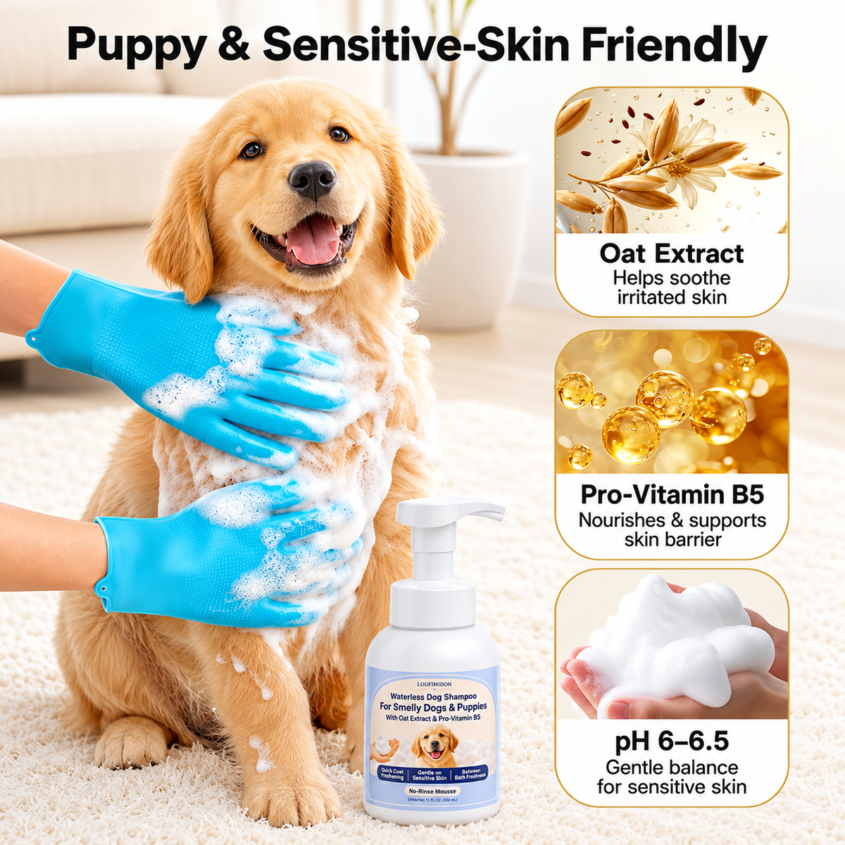 Waterless Dog Shampoo for Smelly Dog, Unscented with Gloves 2 x 10 FL OZ,Gentle on Sensitive Skin, Clean Between Bath, Quick Coat Freshening, Puppy Dry Shampoo for Smelly dog, Quick Deodorize