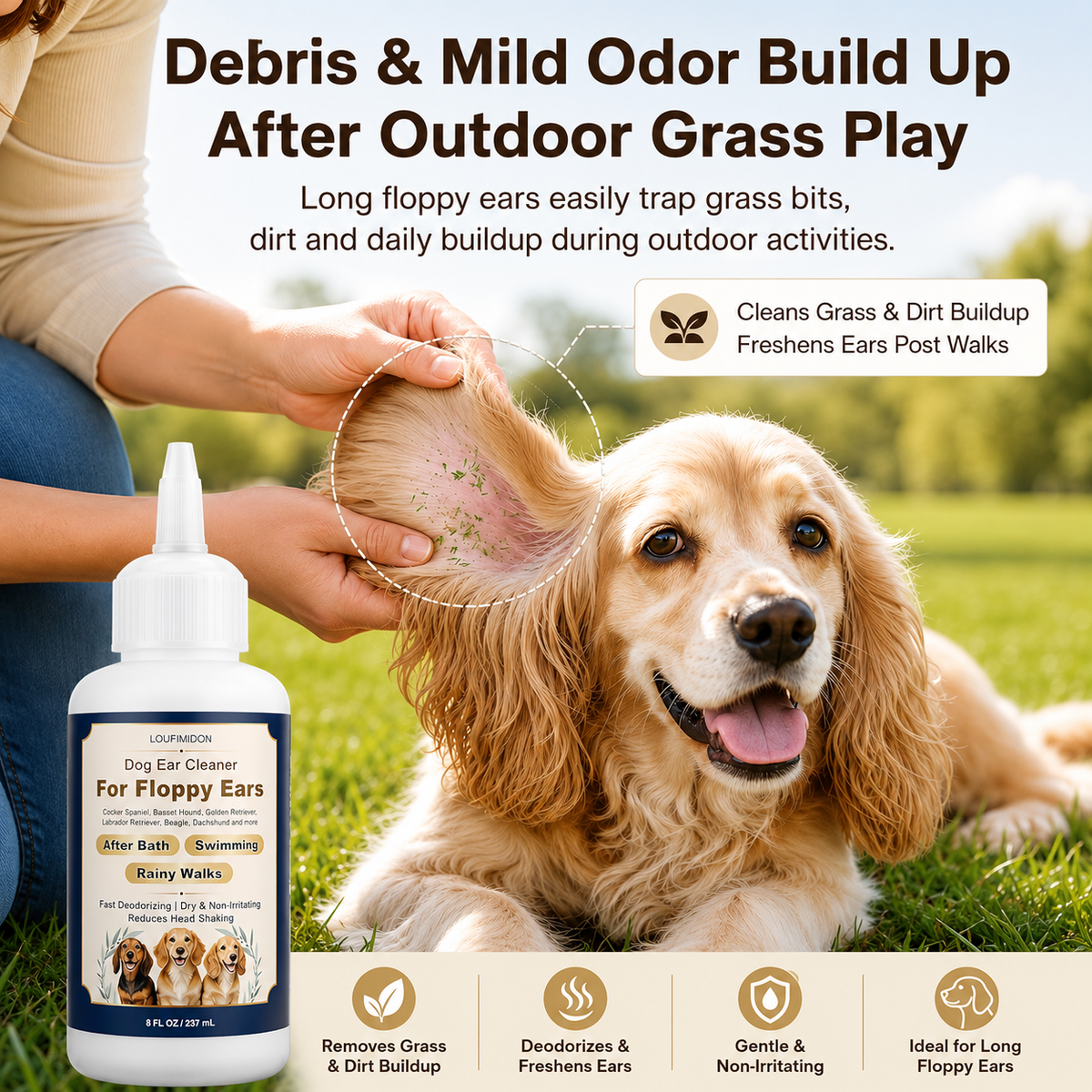 Dog Ear Cleaner Solution with Finger Wipes 8 oz Each 2 Bottles,Dog Ear Wipes For Floppy Ears, Fast Deodorizing Dog Ear Wash After Bath & Swimming Rainy Walk, Unscented Dog Wipes