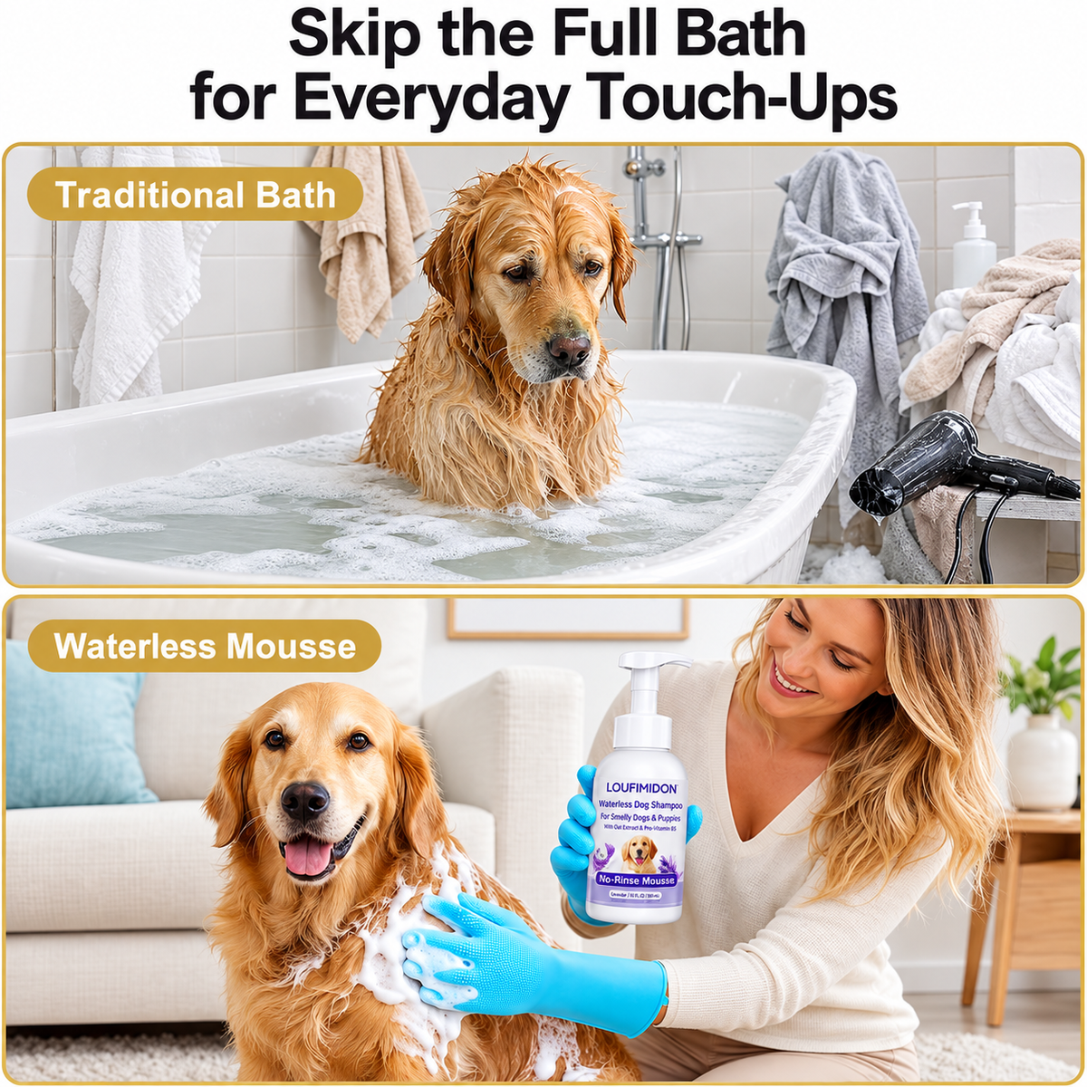 Waterless Dog Shampoo 2 x 10 FL OZ, Lavender No-Rinse Mousse with Gloves,Gentle on Sensitive Skin, Clean Between Bath, Quick Coat Freshening, Puppy Dry Shampoo for Smelly dog, Quick Deodorize