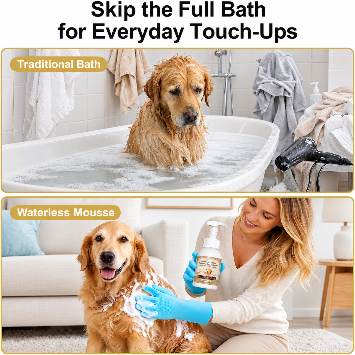 Waterless Dog Shampoo 10 FL OZ, 2-Pack with Gloves, Oatmeal Coconut Scent,Gentle on Sensitive Skin, Clean Between Bath, Quick Coat Freshening, Puppy Dry Shampoo for Smelly dog, Quick Deodorize