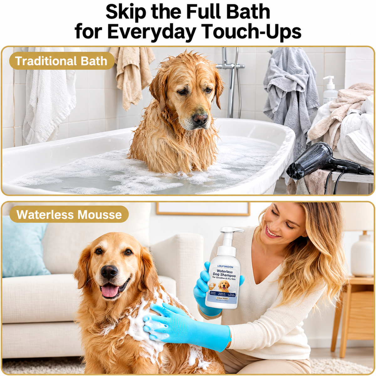 Waterless Dog Shampoo for Smelly Dog, Unscented with Gloves 2 x 10 FL OZ,Gentle on Sensitive Skin, Clean Between Bath, Quick Coat Freshening, Puppy Dry Shampoo for Smelly dog, Quick Deodorize