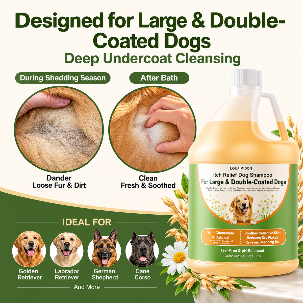 Oatmeal Dog Shampoo for Itchy Skin Relief, 1 Gallon (128 FL OZ)for Sensitive Skin, Dry Flaky Skin & Shedding-Season Itch, for Large & Double-Coated Dogs, Dog Wash with Chamomile & Oatmeal