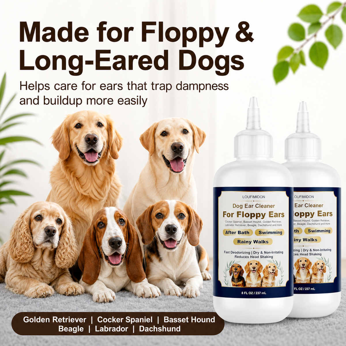 Dog Ear Cleaner Solution with Finger Wipes 8 oz Each 2 Bottles,Dog Ear Wipes For Floppy Ears, Fast Deodorizing Dog Ear Wash After Bath & Swimming Rainy Walk, Unscented Dog Wipes