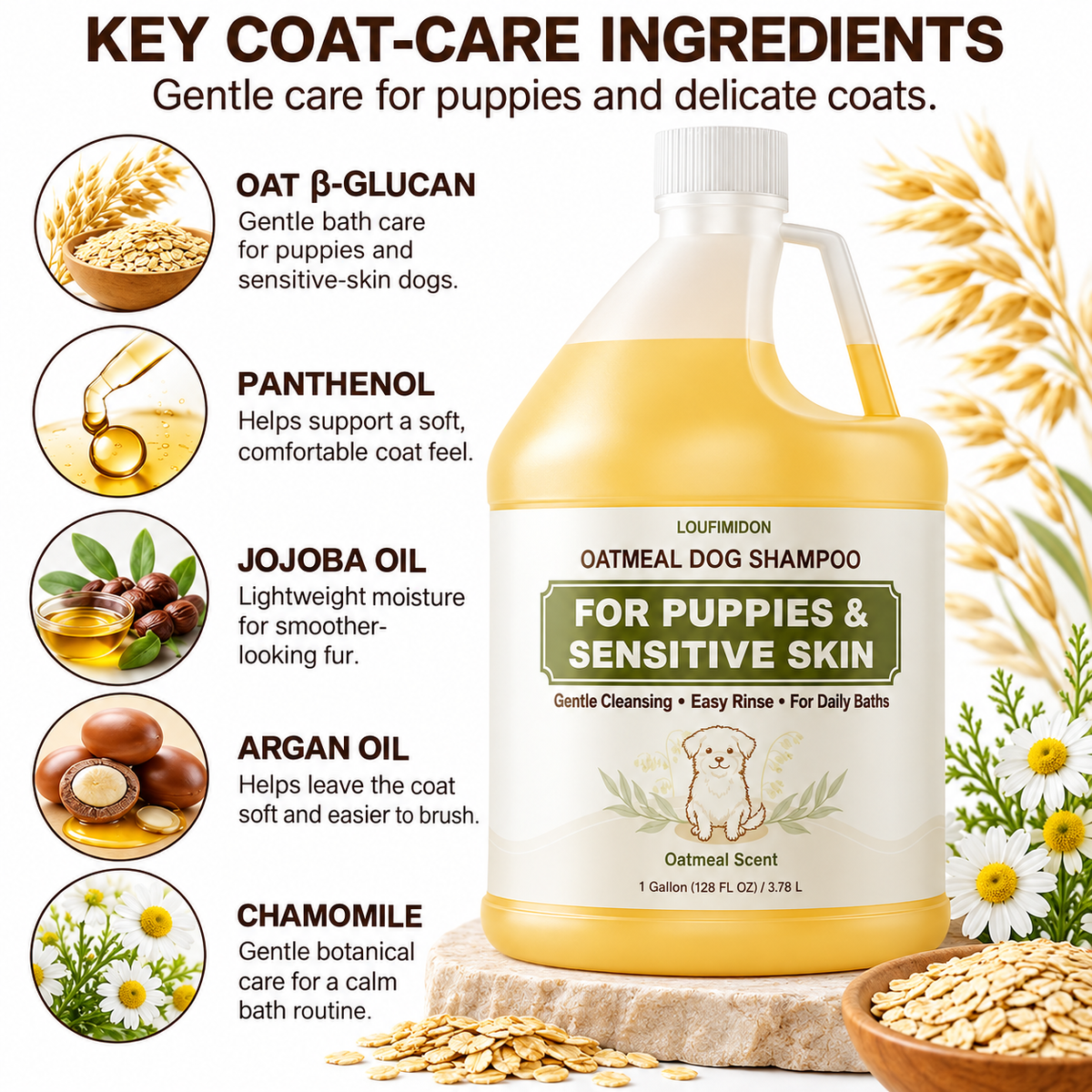 Oatmeal Shampoo for Dogs & Puppies with Sensitive Skin, 1 Gallon,asy Rinsing, Light Oatmeal Scent, Soft, Manageable Coat, with Jojoba Oil & Chamomile