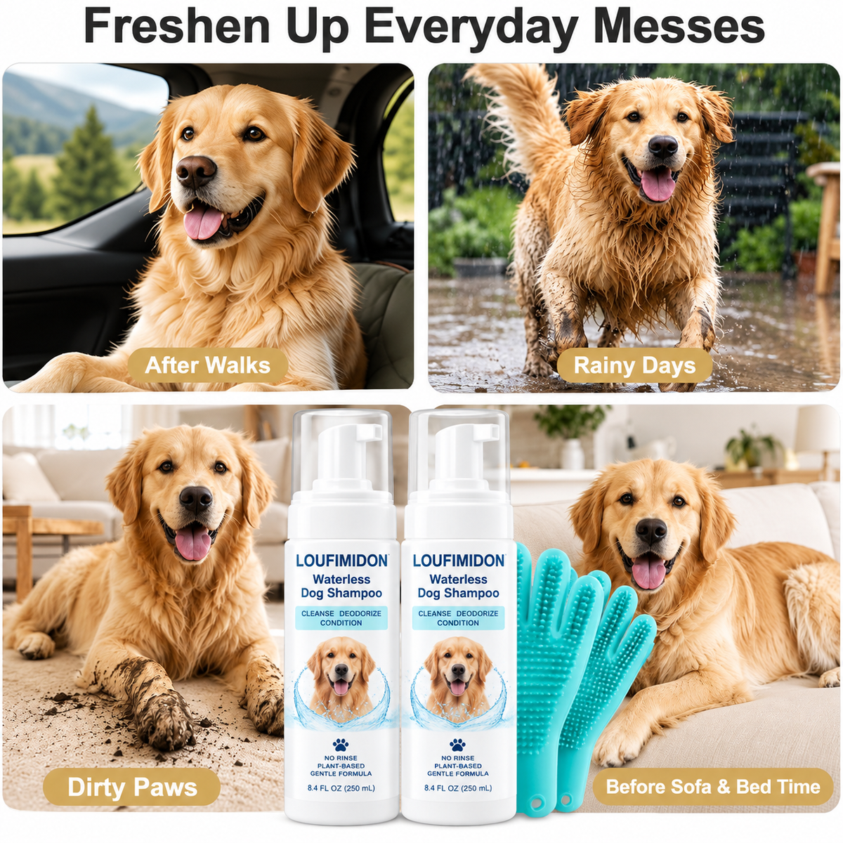 Waterless Dog Shampoo for Smelly Dog, Unscented with Gloves 2 x 10 FL OZ,Gentle on Sensitive Skin, Clean Between Bath, Quick Coat Freshening, Puppy Dry Shampoo for Smelly dog, Quick Deodorize