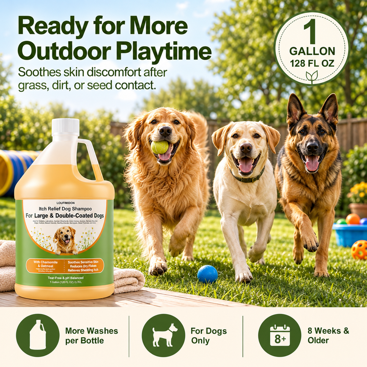 Oatmeal Dog Shampoo for Itchy Skin Relief, 1 Gallon (128 FL OZ)for Sensitive Skin, Dry Flaky Skin & Shedding-Season Itch, for Large & Double-Coated Dogs, Dog Wash with Chamomile & Oatmeal