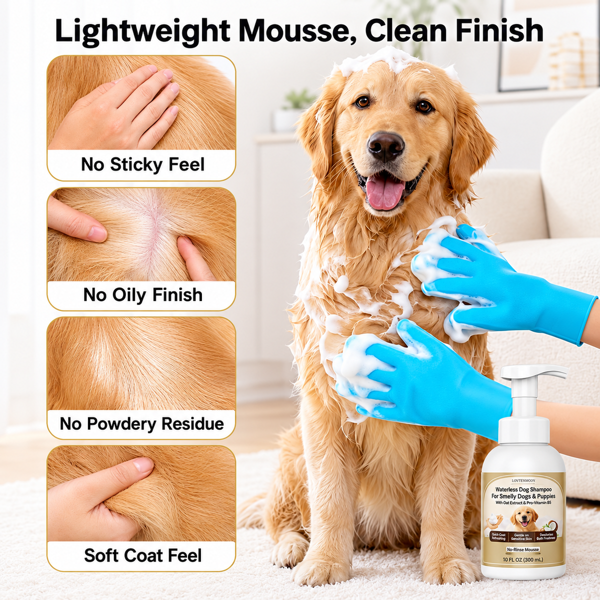Waterless Dog Shampoo 10 FL OZ, 2-Pack with Gloves, Oatmeal Coconut Scent,Gentle on Sensitive Skin, Clean Between Bath, Quick Coat Freshening, Puppy Dry Shampoo for Smelly dog, Quick Deodorize