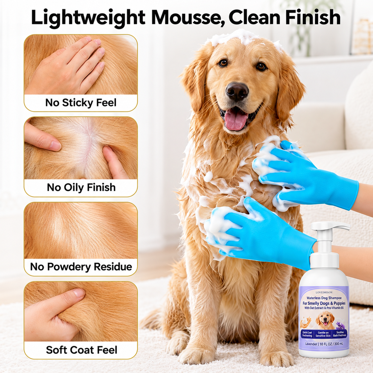 Waterless Dog Shampoo 2 x 10 FL OZ, Lavender No-Rinse Mousse with Gloves,Gentle on Sensitive Skin, Clean Between Bath, Quick Coat Freshening, Puppy Dry Shampoo for Smelly dog, Quick Deodorize