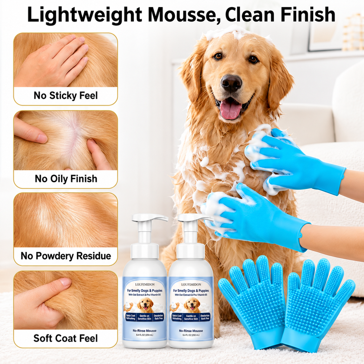 Waterless Dog Shampoo for Smelly Dog, Unscented with Gloves 2 x 10 FL OZ,Gentle on Sensitive Skin, Clean Between Bath, Quick Coat Freshening, Puppy Dry Shampoo for Smelly dog, Quick Deodorize