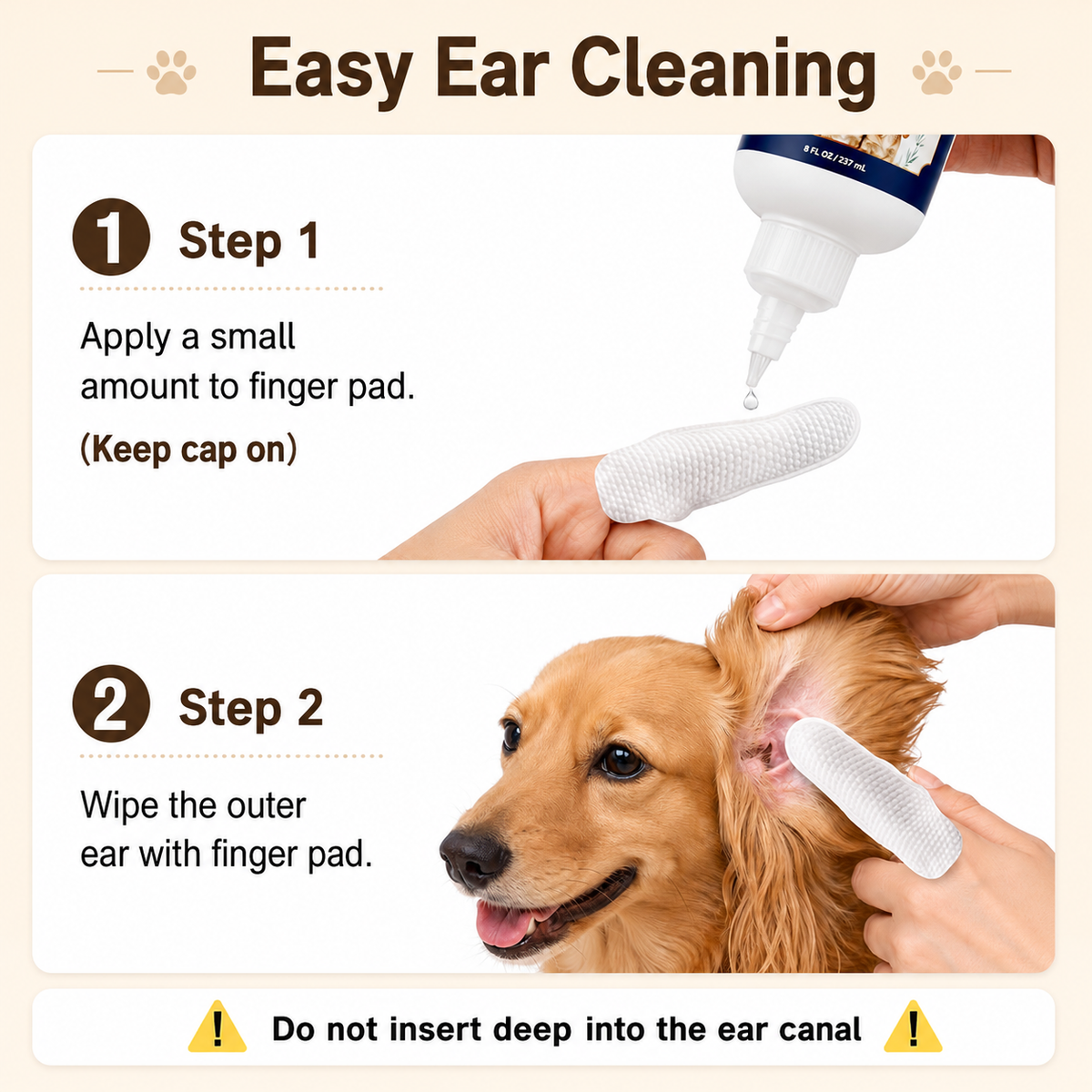 Dog Ear Cleaner Solution with Finger Wipes 8 oz Each 2 Bottles,Dog Ear Wipes For Floppy Ears, Fast Deodorizing Dog Ear Wash After Bath & Swimming Rainy Walk, Unscented Dog Wipes