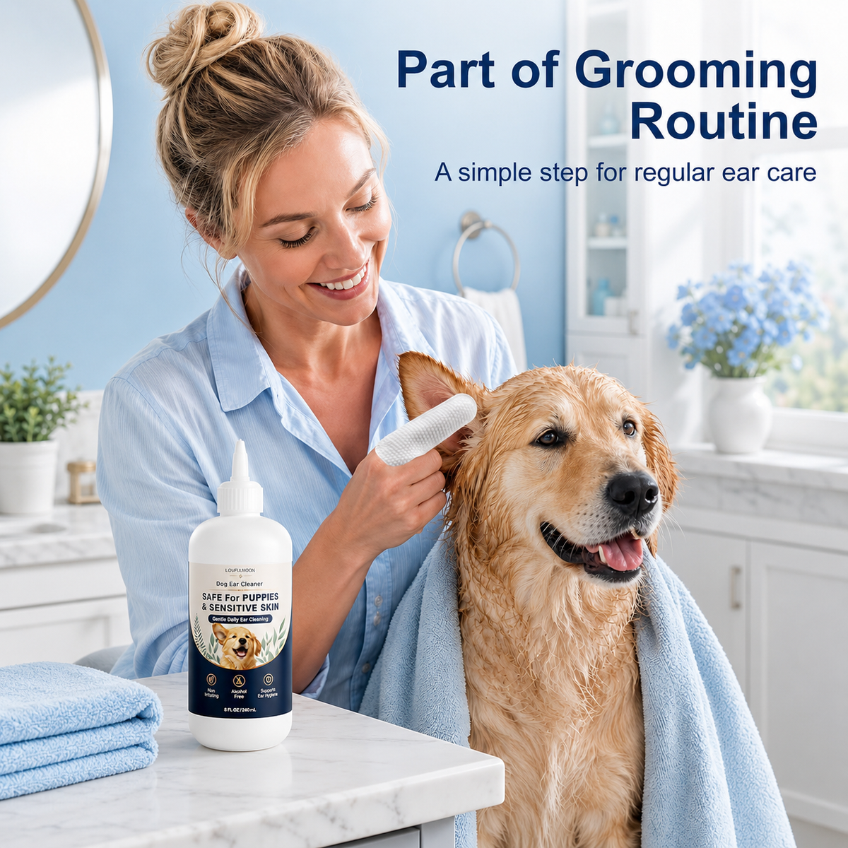 2 x 8 Fl Oz Dog Ear Cleaner Wax Removal,Safe for Puppy Sensitive Skin Gentle Daily Ear Care, Wash Clean Solution for Routine Maintenance with 50 Finger Wipes