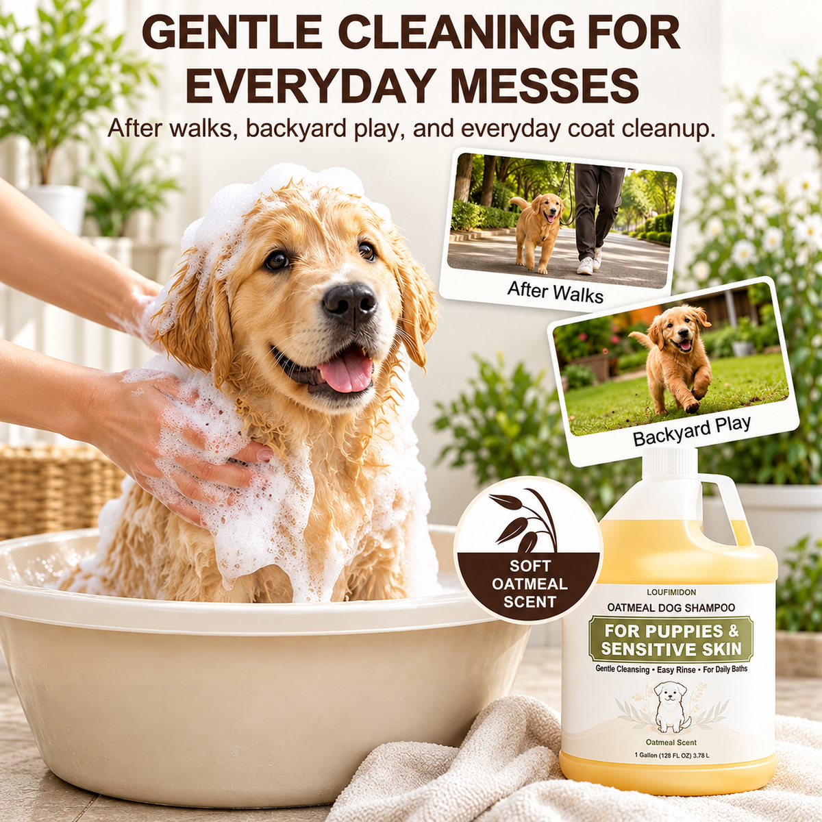 Oatmeal Shampoo for Dogs & Puppies with Sensitive Skin, 1 Gallon,asy Rinsing, Light Oatmeal Scent, Soft, Manageable Coat, with Jojoba Oil & Chamomile