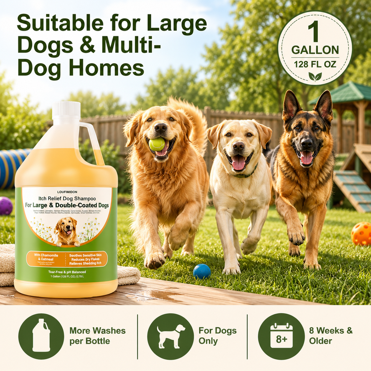 Oatmeal Dog Shampoo for Itchy Skin Relief, 1 Gallon (128 FL OZ)for Sensitive Skin, Dry Flaky Skin & Shedding-Season Itch, for Large & Double-Coated Dogs, Dog Wash with Chamomile & Oatmeal