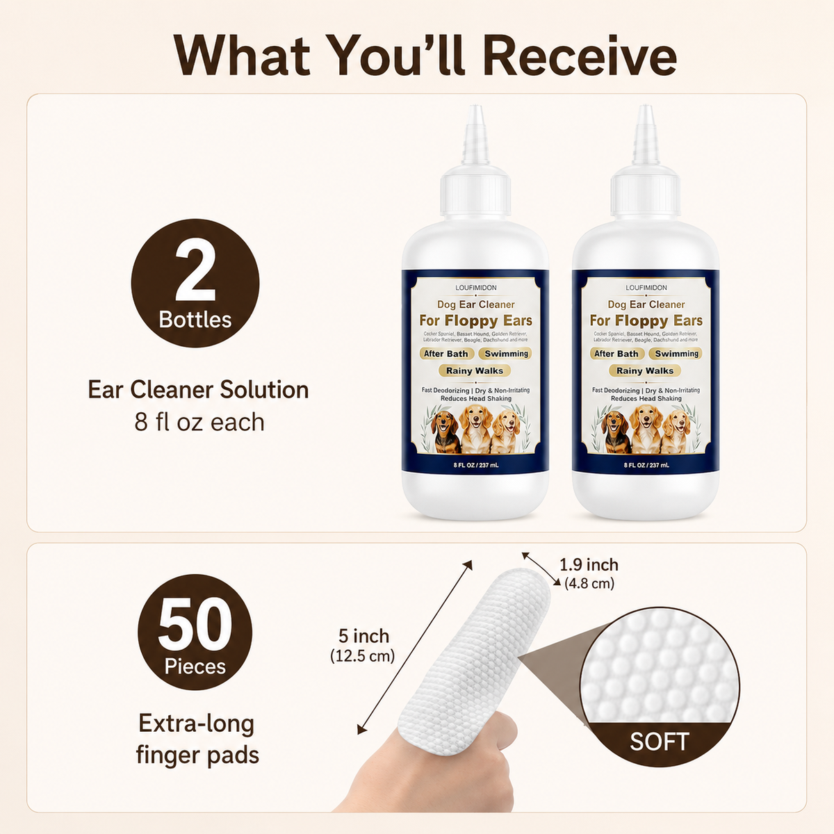 Dog Ear Cleaner Solution with Finger Wipes 8 oz Each 2 Bottles,Dog Ear Wipes For Floppy Ears, Fast Deodorizing Dog Ear Wash After Bath & Swimming Rainy Walk, Unscented Dog Wipes
