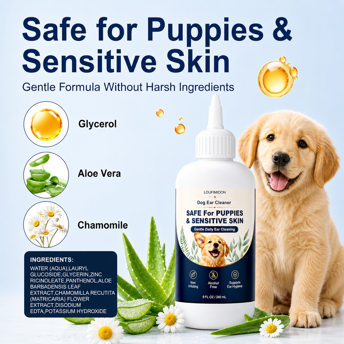 2 x 8 Fl Oz Dog Ear Cleaner Wax Removal,Safe for Puppy Sensitive Skin Gentle Daily Ear Care, Wash Clean Solution for Routine Maintenance with 50 Finger Wipes