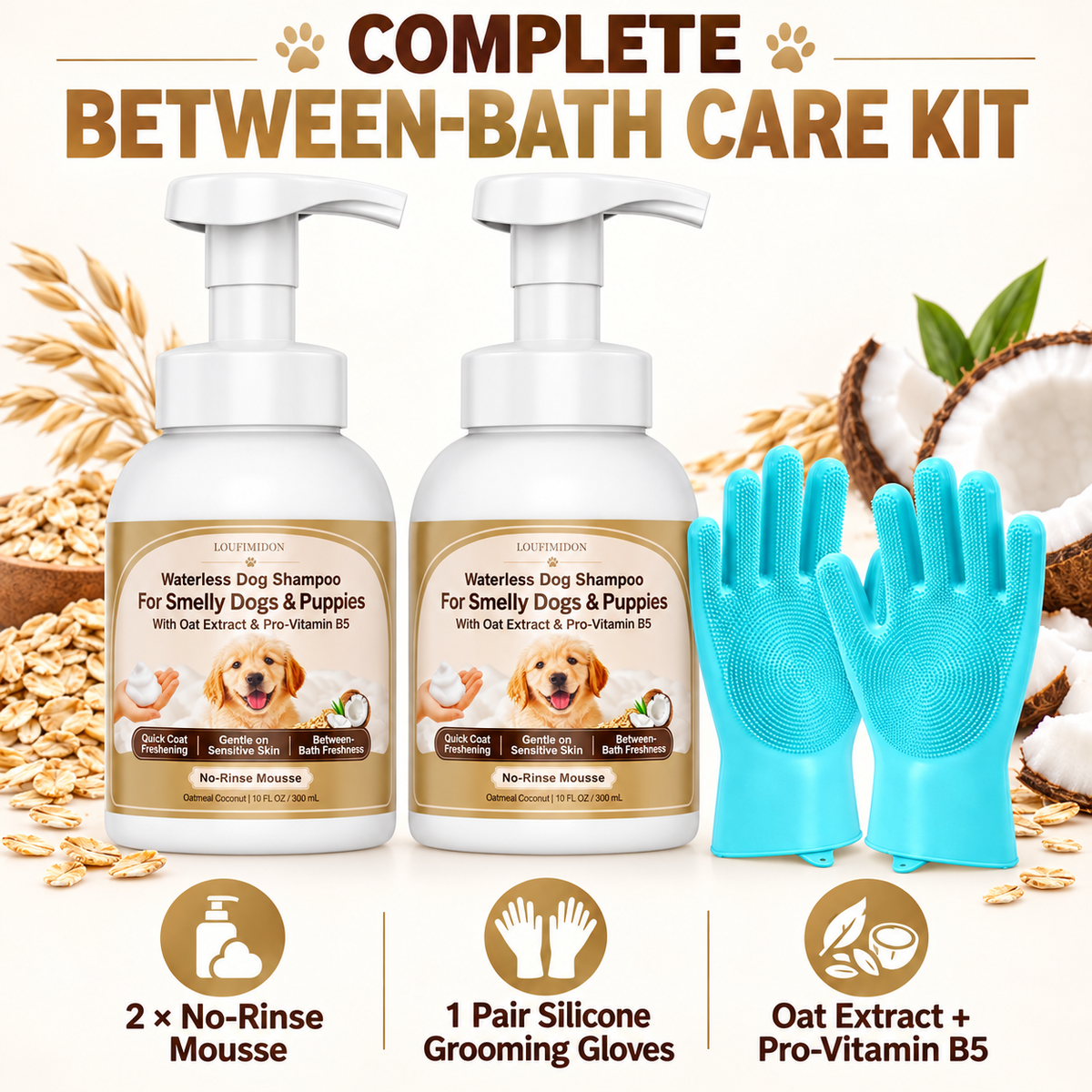 Waterless Dog Shampoo 10 FL OZ, 2-Pack with Gloves, Oatmeal Coconut Scent,Gentle on Sensitive Skin, Clean Between Bath, Quick Coat Freshening, Puppy Dry Shampoo for Smelly dog, Quick Deodorize