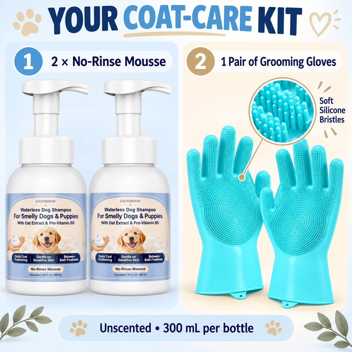 Waterless Dog Shampoo for Smelly Dog, Unscented with Gloves 2 x 10 FL OZ,Gentle on Sensitive Skin, Clean Between Bath, Quick Coat Freshening, Puppy Dry Shampoo for Smelly dog, Quick Deodorize