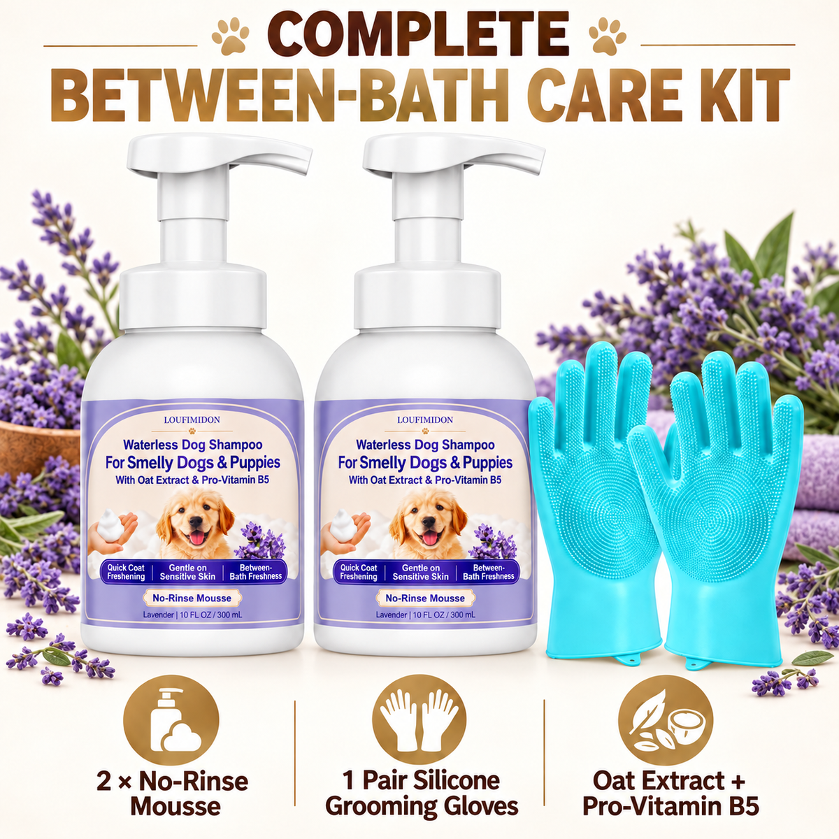 Waterless Dog Shampoo 2 x 10 FL OZ, Lavender No-Rinse Mousse with Gloves,Gentle on Sensitive Skin, Clean Between Bath, Quick Coat Freshening, Puppy Dry Shampoo for Smelly dog, Quick Deodorize