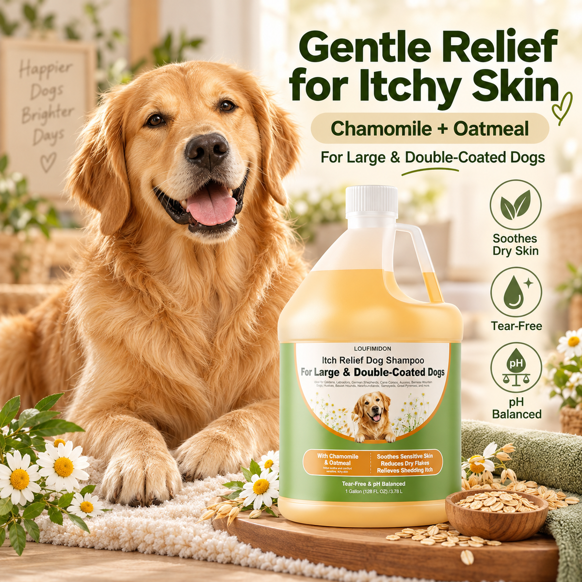 Oatmeal Dog Shampoo for Itchy Skin Relief, 1 Gallon (128 FL OZ)for Sensitive Skin, Dry Flaky Skin & Shedding-Season Itch, for Large & Double-Coated Dogs, Dog Wash with Chamomile & Oatmeal